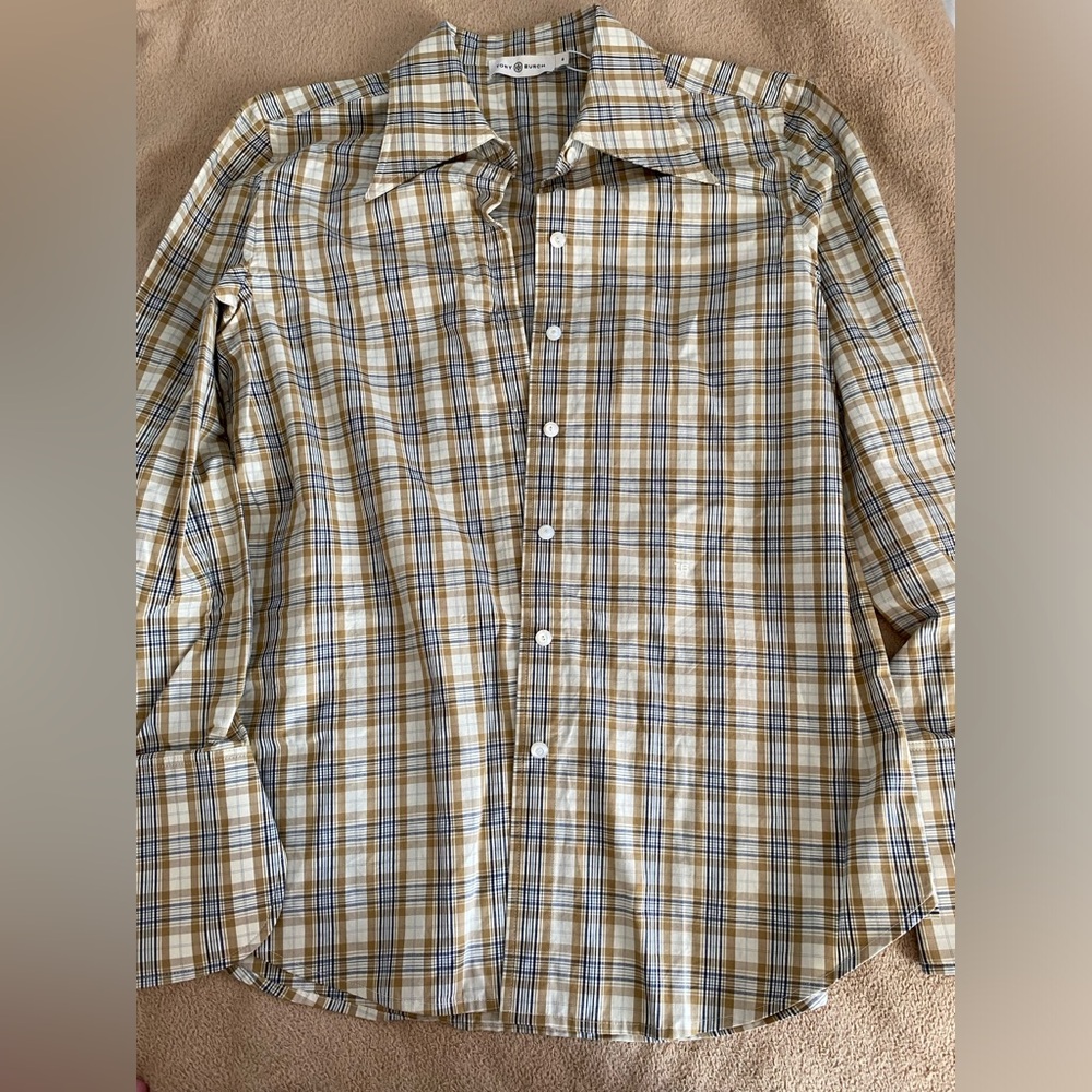 Tory Burch cotton poplin plaid long sleeve shirt